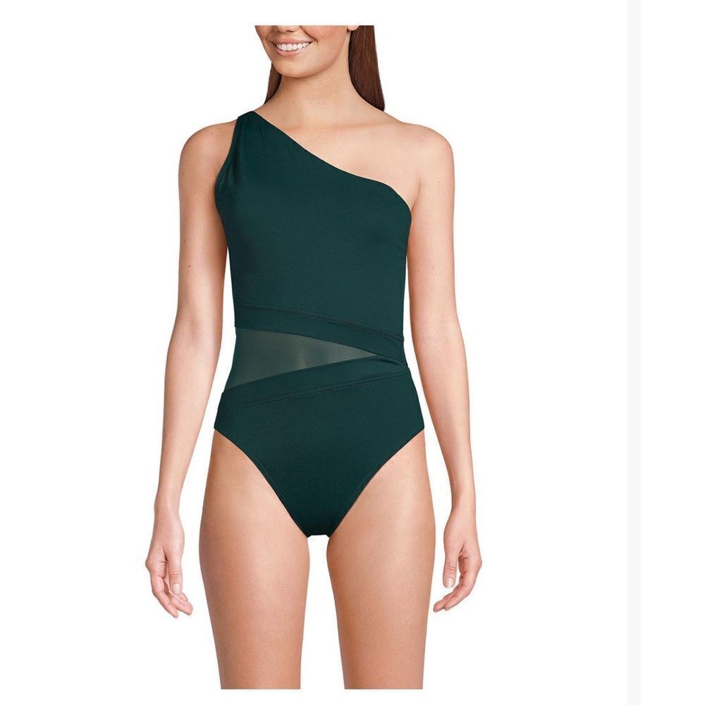 Land's End Plus Size Smoothing Mesh 1 Piece Swimsuit 1 shoulder Balsam Green 12 - Picture 4 of 7